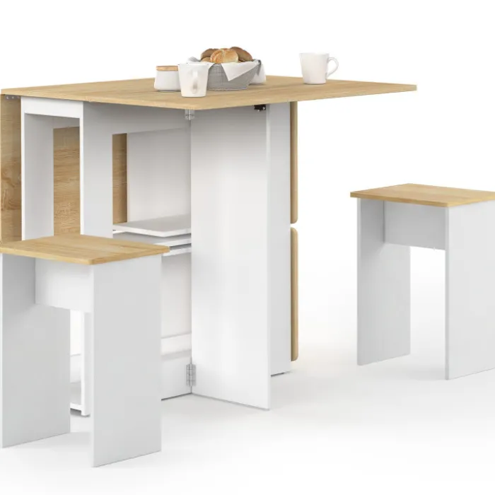 Ensemble table console pliable 2-4 personnes bois blanc et plateau façon hêtre avec 4 tabourets