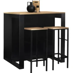 Ensemble table de bar + 2 tabourets de bar bois noir et imitation hêtre