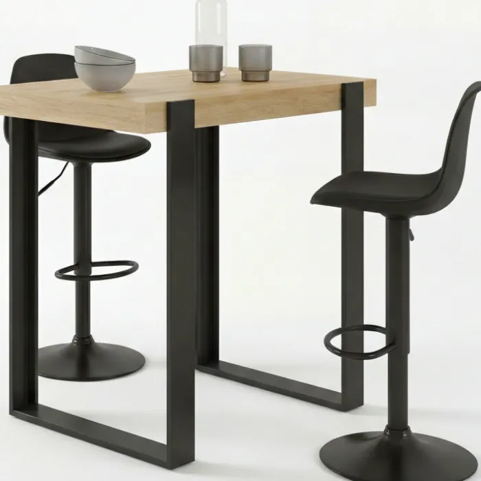 Ensemble table de bar bois et noir et 2 tabourets noir pied noir