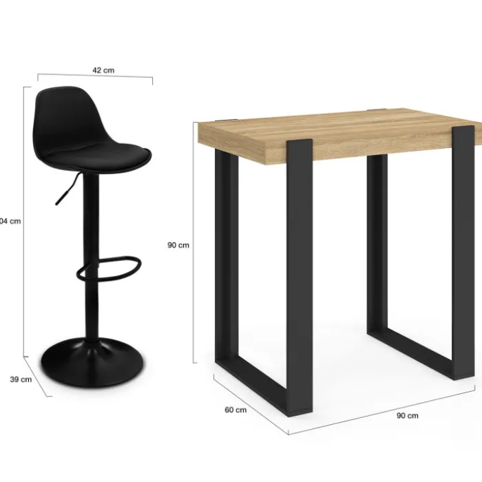 Ensemble table de bar bois et noir et 2 tabourets noir pied noir