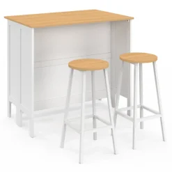Ensemble table de bar ilot et 2 tabourets bois blanc plateau façon hêtre