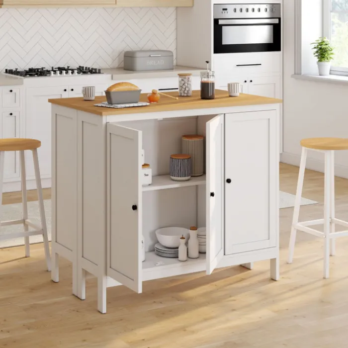 Ensemble table de bar ilot et 2 tabourets bois blanc plateau façon hêtre