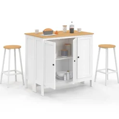 Ensemble table de bar ilot et 2 tabourets bois blanc plateau façon hêtre