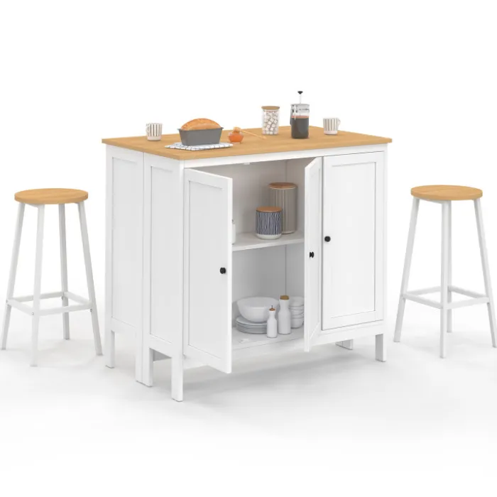 Ensemble table de bar ilot et 2 tabourets bois blanc plateau façon hêtre