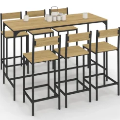 Ensemble table et 6 chaises hautes de bar au design industriel