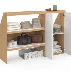 Ensemble étagère 2 niveaux + armoire 2 portes sous pente hêtre et blanc