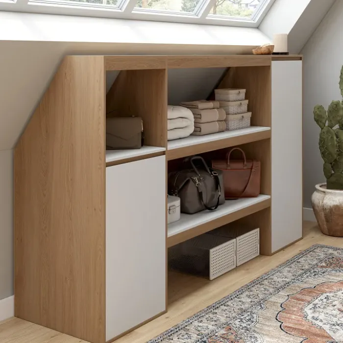 Ensemble étagère 2 niveaux, armoire 1 porte et armoire 1 porte + 1 niche sous pente hêtre et blanc