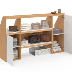 Ensemble étagère 2 niveaux, armoire 1 porte et armoire 1 porte + 1 niche sous pente hêtre et blanc