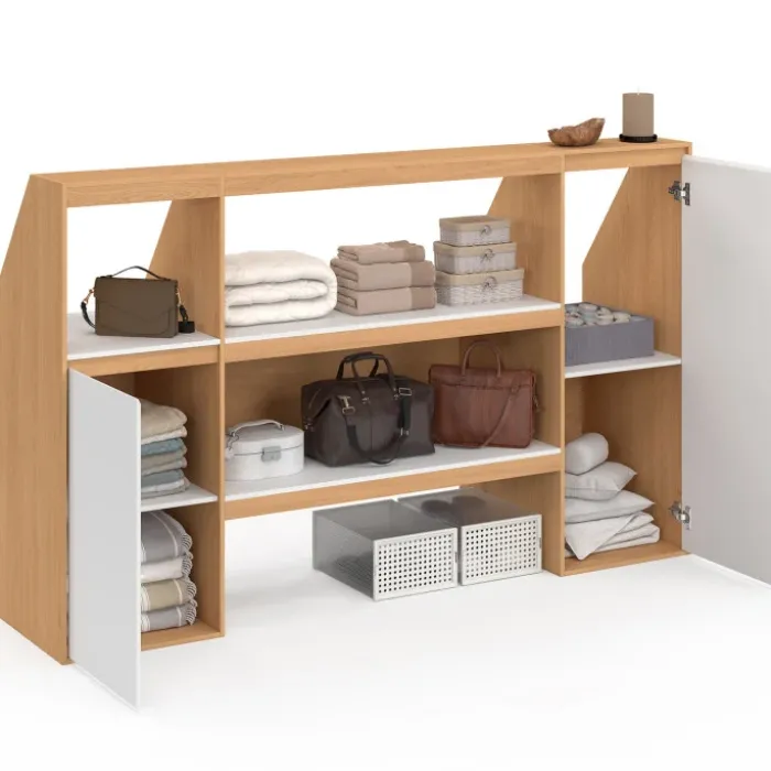 Ensemble étagère 2 niveaux, armoire 1 porte et armoire 1 porte + 1 niche sous pente hêtre et blanc