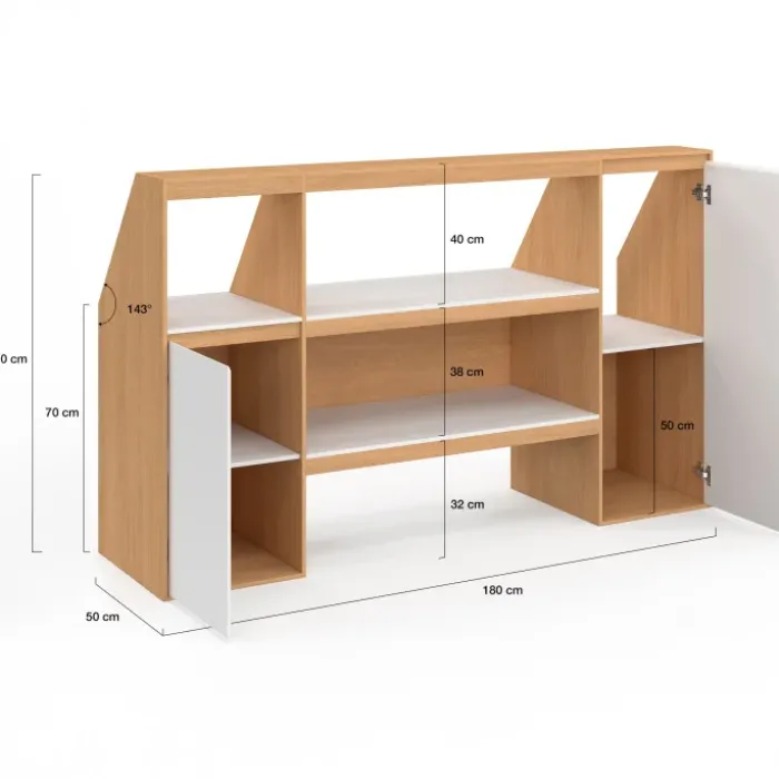Ensemble étagère 2 niveaux, armoire 1 porte et armoire 1 porte + 1 niche sous pente hêtre et blanc