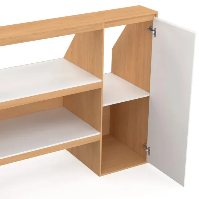 Ensemble étagère 2 niveaux, armoire 1 porte et armoire 1 porte + 1 niche sous pente hêtre et blanc