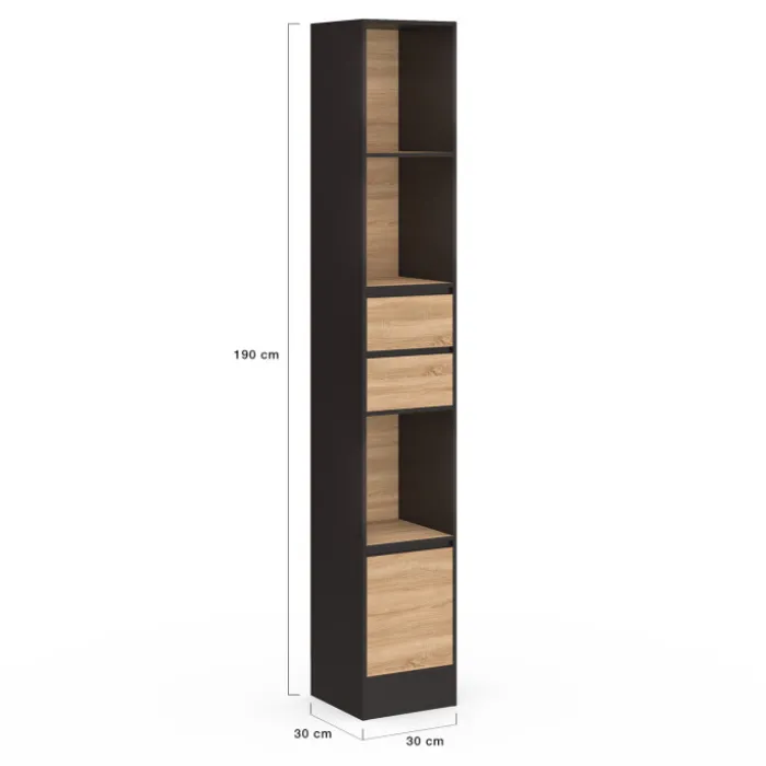 Etagère bibliothèque 190 cm 3 étagères 2 tiroirs 1 placard noir et effet bois