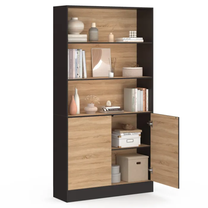 Etagère bibliothèque 3 niveaux XXL 1 placard noir et effet bois 190 cm