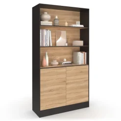 Etagère bibliothèque 3 niveaux XXL 1 placard noir et effet bois 190 cm