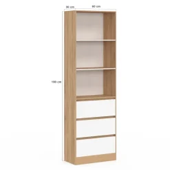 Etagère bibliothèque 3 niveaux 3 tiroirs blanc et effet bois