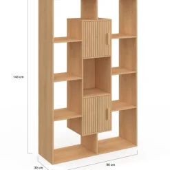 Etagère bibliothèque avec 11 compartiments et 2 cases effet lattes 143 cm