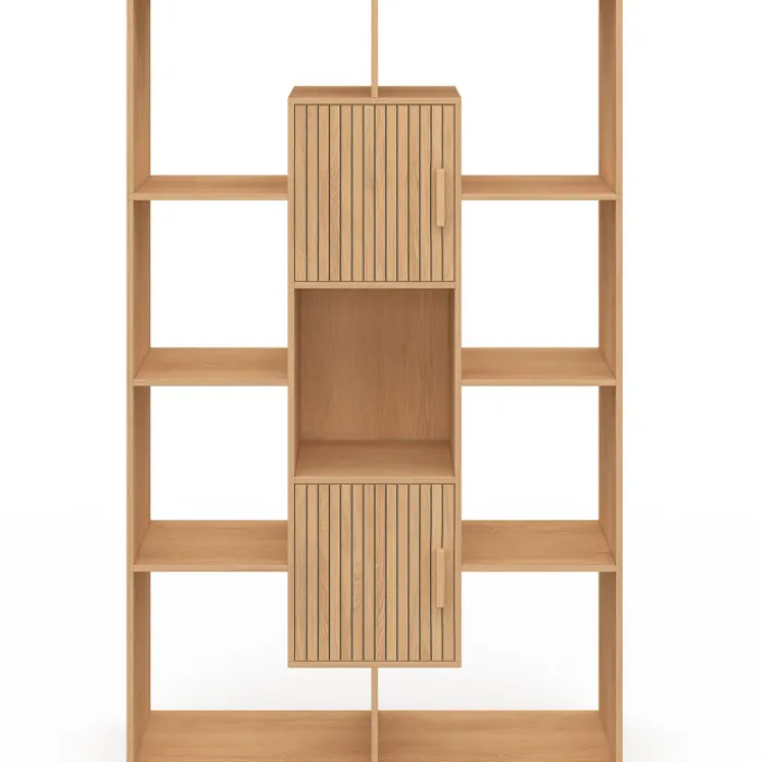 Etagère bibliothèque avec 11 compartiments et 2 cases effet lattes 143 cm