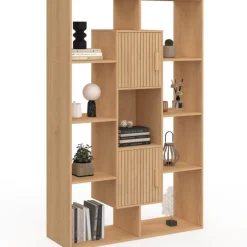 Etagère bibliothèque avec 11 compartiments et 2 cases effet lattes 143 cm