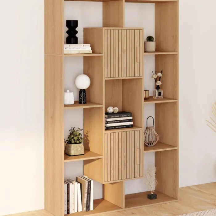 Etagère bibliothèque avec 11 compartiments et 2 cases effet lattes 143 cm