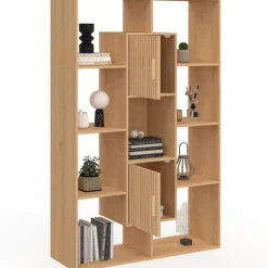 Etagère bibliothèque avec 11 compartiments et 2 cases effet lattes 143 cm