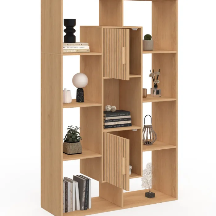 Etagère bibliothèque avec 11 compartiments et 2 cases effet lattes 143 cm