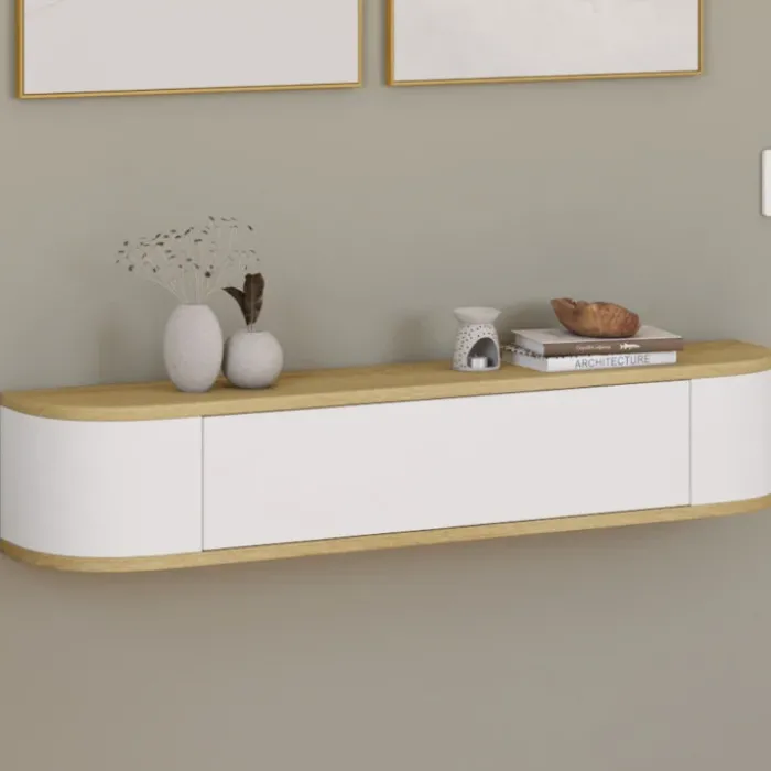Etagère murale console d'entrée 1 porte blanc et effet bois