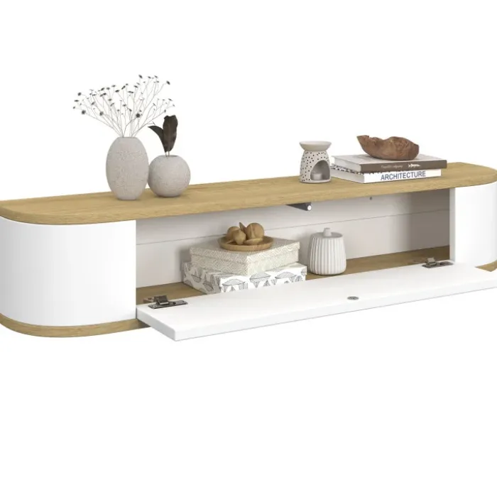 Etagère murale console d'entrée 1 porte blanc et effet bois