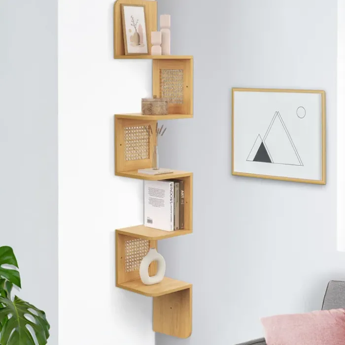 Etagère murale d'angle 5 niveaux bois et cannage