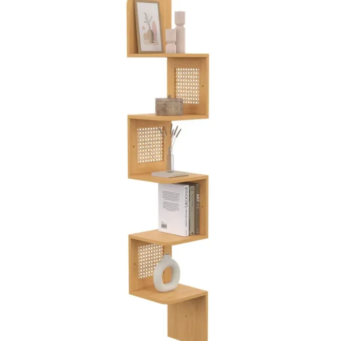 Etagère murale d'angle 5 niveaux bois et cannage