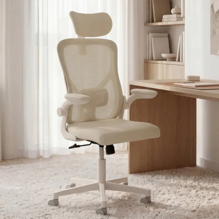 Fauteuil de bureau JAMES ergonomique en toile respirante et appui-tête avec roulettes beige et blanc