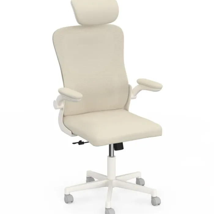 Fauteuil de bureau JAMES ergonomique en toile respirante et appui-tête avec roulettes beige et blanc