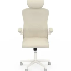 Fauteuil de bureau JAMES ergonomique en toile respirante et appui-tête avec roulettes beige et blanc