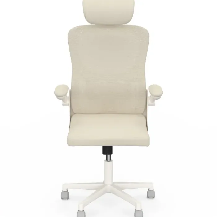 Fauteuil de bureau JAMES ergonomique en toile respirante et appui-tête avec roulettes beige et blanc