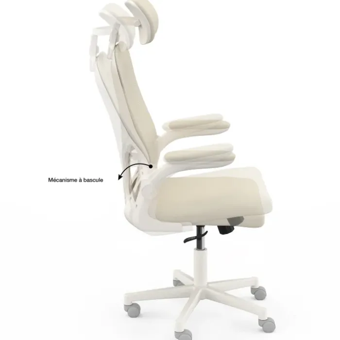 Fauteuil de bureau JAMES ergonomique en toile respirante et appui-tête avec roulettes beige et blanc