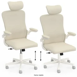 Fauteuil de bureau JAMES ergonomique en toile respirante et appui-tête avec roulettes beige et blanc
