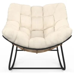 Fauteuil de jardin à bascule effet rotin avec coussin écru