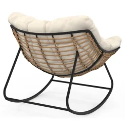Fauteuil de jardin à bascule effet rotin avec coussin écru