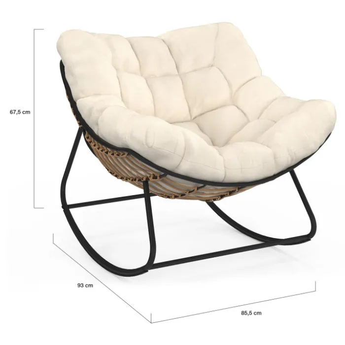 Fauteuil de jardin à bascule effet rotin avec coussin écru