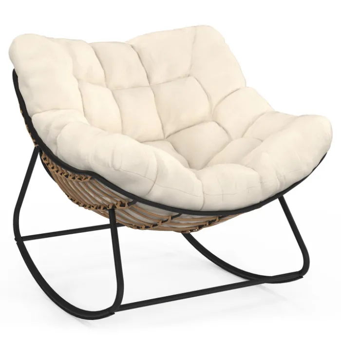 Fauteuil de jardin à bascule effet rotin avec coussin écru
