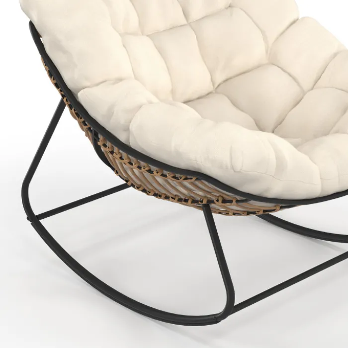 Fauteuil de jardin à bascule effet rotin avec coussin écru