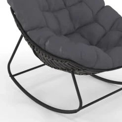 Fauteuil de jardin à bascule effet rotin gris avec coussin gris