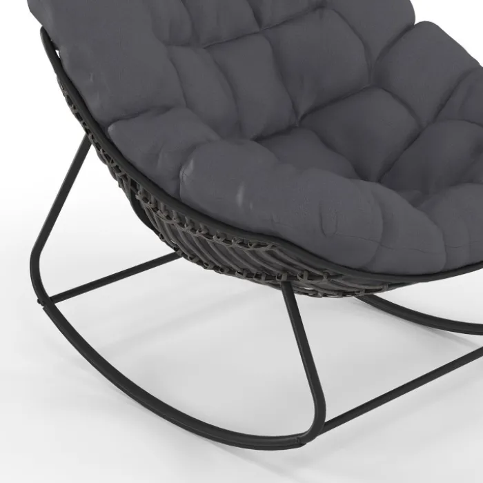 Fauteuil de jardin à bascule effet rotin gris avec coussin gris