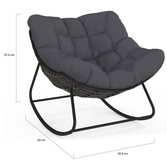 Fauteuil de jardin à bascule effet rotin gris avec coussin gris