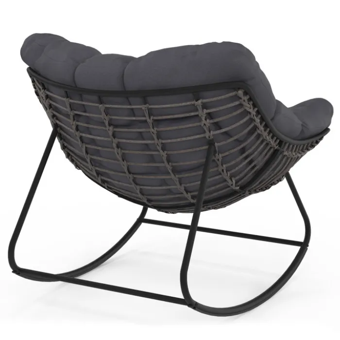Fauteuil de jardin à bascule effet rotin gris avec coussin gris