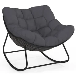 Fauteuil de jardin à bascule effet rotin gris avec coussin gris