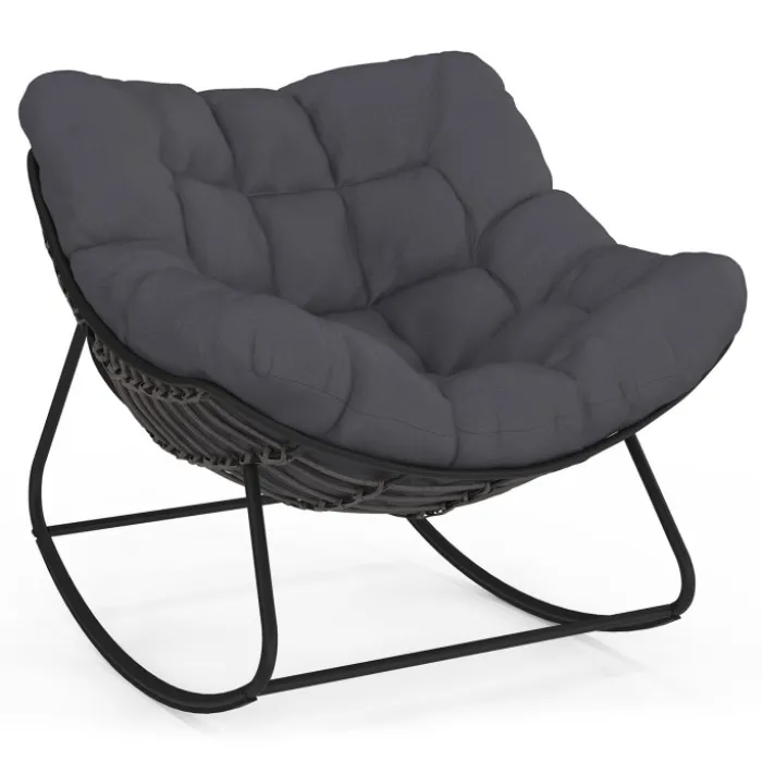 Fauteuil de jardin à bascule effet rotin gris avec coussin gris