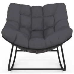 Fauteuil de jardin à bascule effet rotin gris avec coussin gris