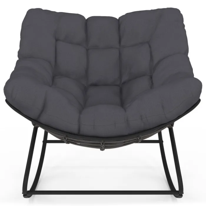 Fauteuil de jardin à bascule effet rotin gris avec coussin gris