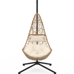 Fauteuil demi-lune suspendu ajouré effet rotin avec coussin écru