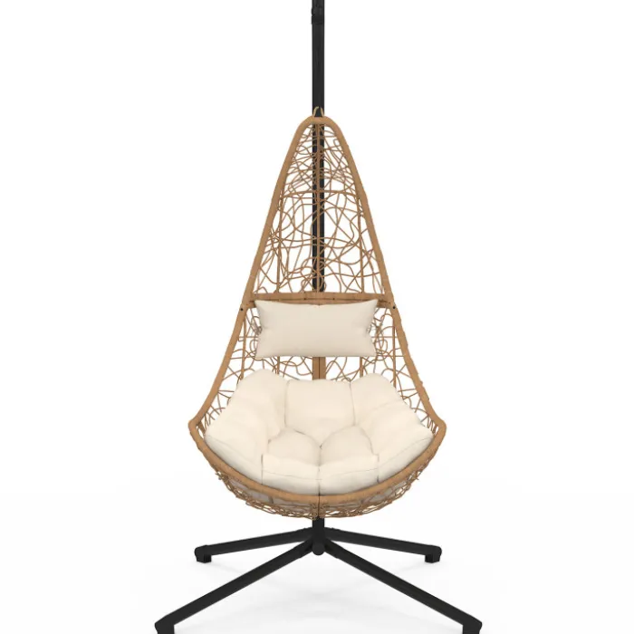 Fauteuil demi-lune suspendu ajouré effet rotin avec coussin écru